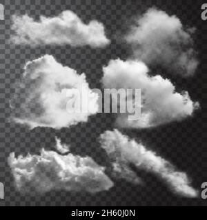 Realistische weiße Wolken Icon Set mit verschiedenen Formen und Größen Auf transparenter Hintergrundvektordarstellung Stock Vektor