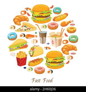 Fast Food runde Zusammensetzung mit amerikanischen mexikanischen japanischen und chinesischen Snack-Gerichte Getränk und Gebäck Vektor-Illustration Stock Vektor