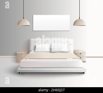 Schlafzimmer Möbel Interieur realistische Zusammensetzung mit Bildern von Bett mit Nachttische und hängende Lampenschirme Vektor-Illustration Stock Vektor