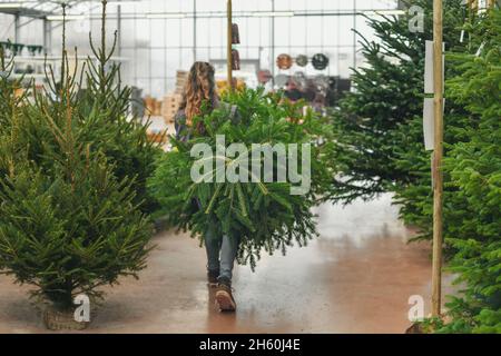 Eine Frau wählt einen Weihnachtsbaum auf dem Markt. Stockfoto