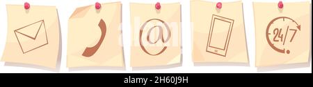 Kontaktieren Sie uns Retro-Cartoon-Konzept mit Papierbögen auf Tacks Mit Support-Service-Symbolen isolierte Vektordarstellung Stock Vektor