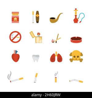 Smoking Icon flaches Set mit Zigarettenanzünder Tabakpfeife isoliert vektorgrafik Stock Vektor