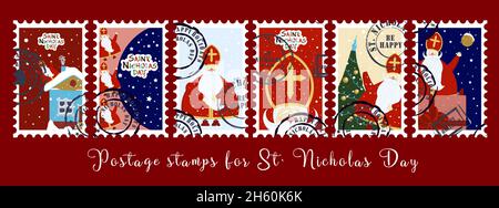 Dezember 6. St. Nicolas Tag. Sinterkalaas. Christlicher Winterurlaub für Kinder. Weihnachtsfeiertage. Briefmarken für St. Nikolaus. Aufkleber für Stock Vektor