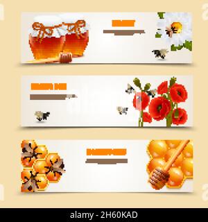 Drei horizontale isolierte Honigbanner Set mit Honigbiene Und Wabenüberschriften Vektorgrafik Stock Vektor