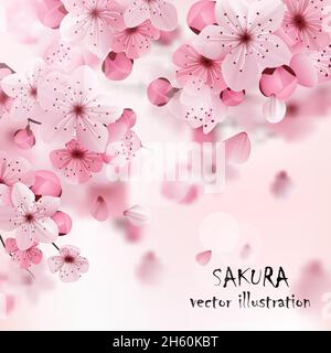 Schöner Druck mit blühenden dunklen und hellrosa Sakura-Blüten Und Titelvektordarstellung Stock Vektor
