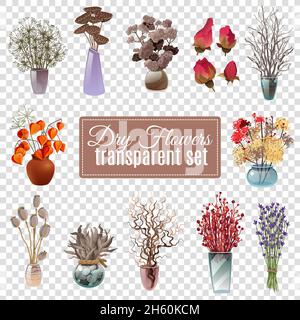 Set von trockenen Blumen Blumensträuße in Vasen in verschiedenen Formen Und Größen für die Dekoration auf transparentem Hintergrund flache Vektor-Illustration Stock Vektor