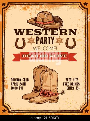 Werbung für Western Party mit Hut zwei Pistolen Cowboy Stiefel Und Titel handgezeichnete Poster Vektor-Illustration Stock Vektor