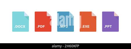 Dateidokumenten-Format festgelegt. Beliebte Dateien Sammlung docx, pdf, mp3, exe, ppt. Flache Abbildung der Computersoftware. Stock Vektor
