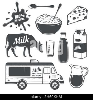 Milch monochrome Elemente Set mit Kuh-und Milchprodukte Verpackung Und Transport Splash isolierte Vektor-Illustration Stock Vektor