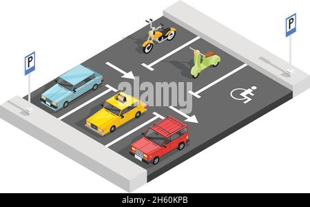 Transport isometrische Zusammensetzung mit Parkplatz Abschnitt Verkehrszeichen Asphalt Markierungen Autos und Fahrräder mit Schatten Vektor-Illustration Stock Vektor