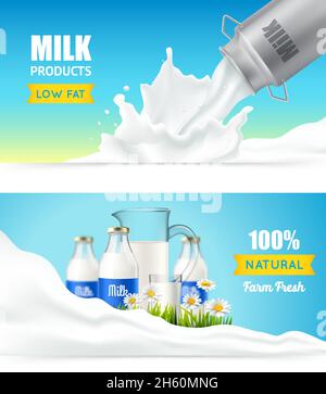 Milch Produkt horizontale Banner mit Stahl Sahne Dose Glas gesetzt Flaschen und Blumen Bilder mit Text Vektor Illustration Stock Vektor