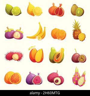 Frische tropische Früchte Retro-Cartoon-Symbole mit Limettenbanane gesetzt Papaya Kiwi und Granatapfel isoliert Vektor-Illustration Stock Vektor