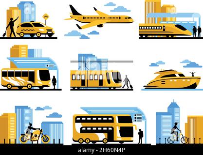 Reisende Menschen isoliert dekorative Elemente mit Passagieren und verschiedenen gesetzt Arten von Luftfahrt Wasser und Boden Transport Vektor Illustration Stock Vektor