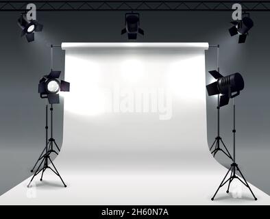 Spotlights realistische Komposition mit Cyclorama und Studio Spot Lichter hängen Auf Rolle und auf Ständer montiert Vektordarstellung Stock Vektor