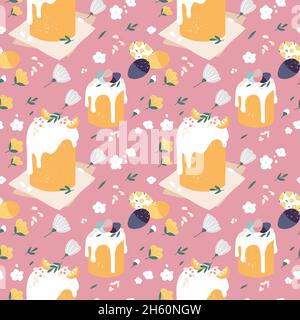 Vektorgrafik für Osterferien. Nahtloses Muster mit Osterkuchen und Maleiern für Drucke, Dekoration und Geschenkpapier. Stock Vektor