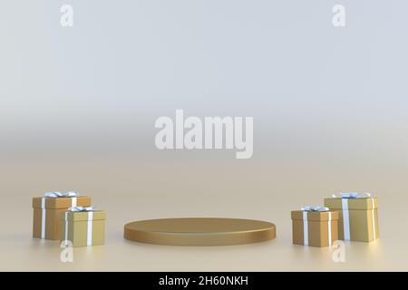 3D Gold Runde minimal Podium mit Geschenkboxen auf pastellfarbenem Hintergrund. Minimaler Stand für Feiertagspräsentation. Vorlage für Design Stockfoto