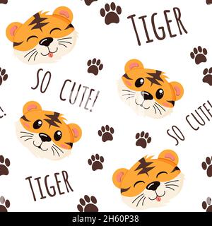 Nahtloses Muster mit fröhlichem Chines Tiger, asiatischem Neujahr, wildem Tier in flachem Stil isoliert auf weißem Hintergrund. Stock Vektor