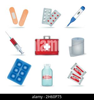 Erste-Hilfe-Kit liefern medizinische Notfallprodukte realistische Set mit Elastische Bandage antiseptische Wischtücher isoliert Vektor illustraation Stock Vektor