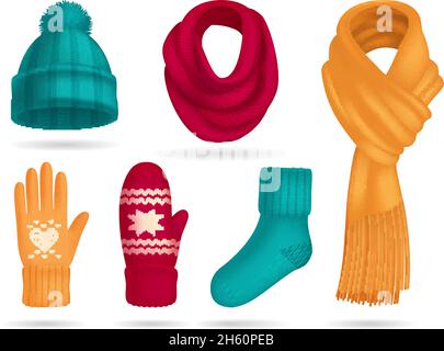 Winter Strickaccessoires realistisches Set mit Hut und Socken isoliert vektorgrafik Stock Vektor
