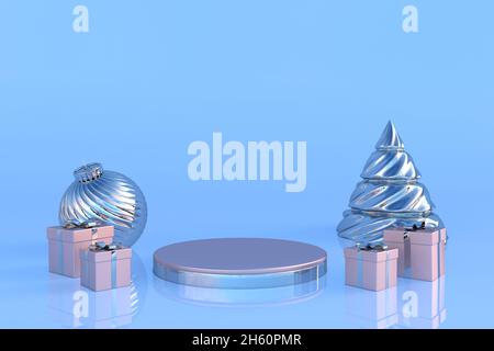 Festlicher, runder Podestsockel in 3D mit abstraktem silbernem Weihnachtsbaum und rosa Geschenkschachteln auf blauem pastellfarbenem Hintergrund. Frohe Weihnachten und Neues Y Stockfoto