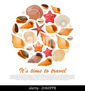 Concept Shells und Sea Stars mit isoliertem Icon Set kombiniert In rund und Überschrift ist es Zeit, Vektor zu reisen Abbildung Stock Vektor