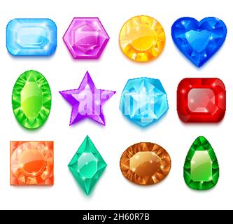 Set von bunten transparenten Edelsteinen unterschiedlicher Form mit funkelt Der lichtisolierten Vektordarstellung Stock Vektor
