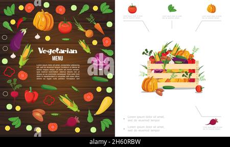 Flache Öko gesunde Lebensmittelzusammensetzung mit Holzkiste aus Kürbis Mais Tomate Gurke Karotte Rübe Knoblauch Kohl Kartoffel Pfeffer Erbsen vektorgrafik Stock Vektor