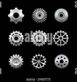 Glänzende Metallzahnräder auf dunklem Hintergrund Vektorgrafik isoliert gesetzt Stock Vektor