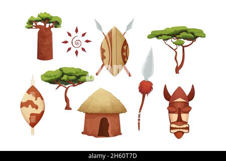 Set afrikanische Hütte mit Strohdach, Baobab Schild mit Speer, Tribal Maske im Cartoon-Stil isoliert auf weißem Hintergrund. Safari Tribal Sammlung, ländliche Wüste Gebäude. Vektorgrafik Stock Vektor