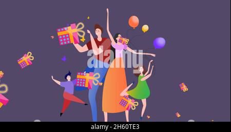 Bild einer glücklichen Familie mit Ballons über Geschenken, die zu weihnachten fallen Stockfoto