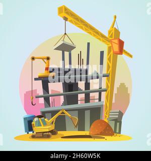 Hausbau-Prozess mit Cartoon-Gebäude Maschinen Retro-Stil Vektor Abbildung Stock Vektor