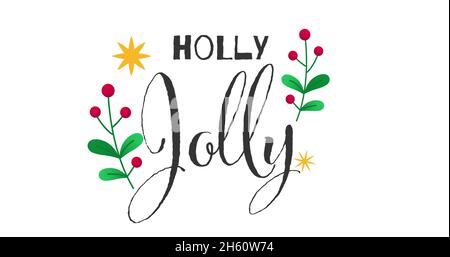 Bild von Stechpalme fröhlicher Text mit weihnachtsschmuck auf weißem Hintergrund Stockfoto