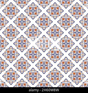 Blau und orange ornamentales Nahtmuster. Vintage-Elemente. Ornament. Traditionelle, ethnische, türkische, indische Motive. Ideal für Stoff und Textil, Tapeten, Verpackungen oder jede gewünschte Idee. Stock Vektor