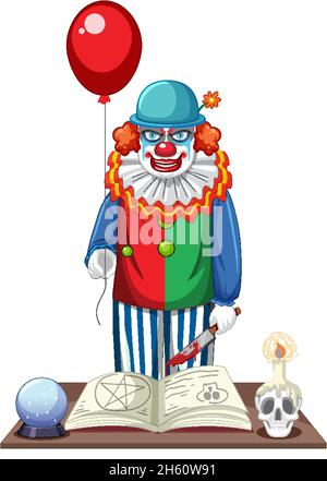 Gruseliger Clown hält Ballon auf weißem Hintergrund Illustration Stock Vektor