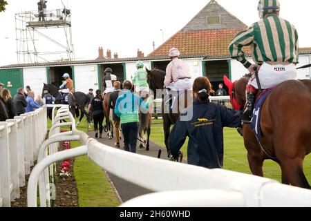 Geschmack der Atmosphäre und Nervenkitzel eines Tages bei den Rennen mit der Menge und den Pferden Stockfoto