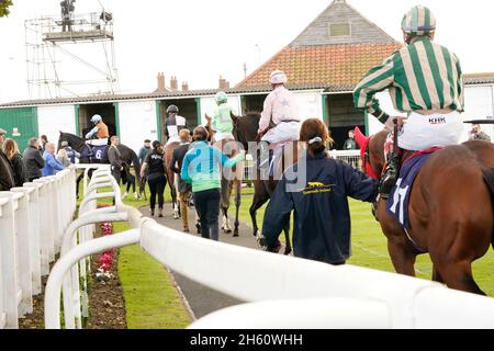 Geschmack der Atmosphäre und Nervenkitzel eines Tages bei den Rennen mit der Menge und den Pferden Stockfoto