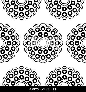 Aboriginal Dot Painting Mandala nahtlose Vektor-Muster, repetitive Punkt ar in schwarz auf weißem Hintergrund inspiriert von Designs aus Australien Stock Vektor