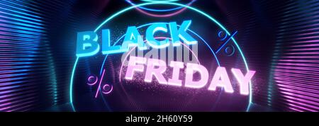 Angebot „Black Friday“. Black Friday Super Sale. Cyber Monday. Neonhintergrund. Typografie. Super-Sonderangebot. Zeitlich beschränktes Angebot. 3d-Rendering. Stockfoto