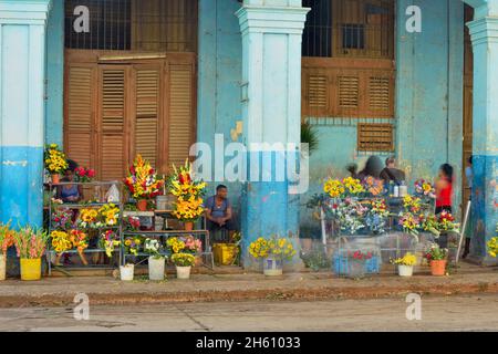 Straßenszene in Alt-Havanna - Blumenmarkt und Blumenhändler, La Habana (Havanna), Habana, Kuba Stockfoto