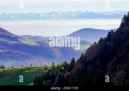 Panoramablick von den Bergen über den Regionalen Naturpark Thal Balsthal, Schweiz. Das Jura-Gebirge im Kanton Solothurn in der Schweiz Stockfoto