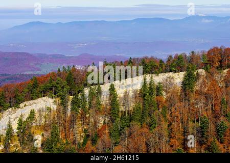 Panoramablick von den Bergen über den Regionalen Naturpark Thal Balsthal, Schweiz. Das Jura-Gebirge im Kanton Solothurn in der Schweiz Stockfoto