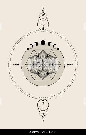 Mystische Blume des Lebens und Mondphasen, Heilige Geometrie. Traumfänger, Saat des Lebens. Heidnische Wiccan Göttin Symbol, Wicca Banner hexagonal Zeichen Symbol Stock Vektor