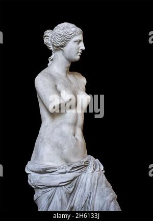 Venus de Milo ancinet Griechische Statue der Aphrodite, um 150 und 125 v. Chr., Louvre Museum Ma399 oder N527. Aphrodite wird in einem Brötchen mit Kopfban als Haar dargestellt Stockfoto