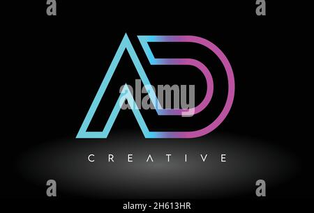 AD Neon Purple Blue Letters Logo Design. DARSTELLUNG DES Buchstabensymbols AUF schwarzem Hintergrund Stock Vektor