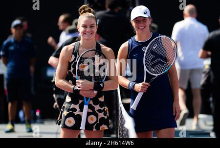 Guadalajara, Mexiko. November 2021. Maria Sakkari aus Griechenland und IGA Swiatek aus Polen vor dem ersten Round-Robin-Spiel beim Akron WTA Finals Guadalajara 2021, Masters WTA Tennisturnier am 11. November 2021 in Guadalajara, Mexiko - Foto: Rob Prange/DPPI/LiveMedia Credit: Independent Photo Agency/Alamy Live News Stockfoto