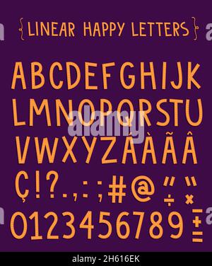 Handgezeichnetes lineares Happy Alphabet. Buchstaben, Zahlen, mathematische Zeichen, Satzzeichen usw. Stock Vektor