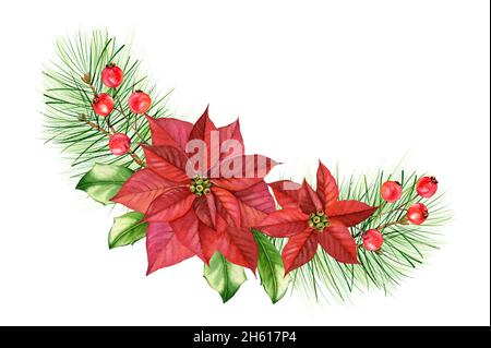 Weihnachtliche Komposition mit Stechbeeren, Weihnachtssterblüten, Kiefernzweigen. Aquarell handbemalte Illustration des Bogens für die Winterferiensaison Stockfoto