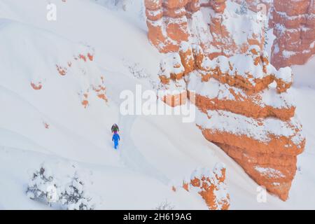 Wanderer im frischen Winterschnee auf den Hoodoos vom Sunset Point, Bryce Canyon National Park, Utah, USA Stockfoto