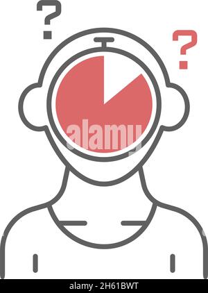 Menschliche Figur mit Stoppuhr im Gesicht. Quiz, Abfrage, Fragen Konzept. Flache Illustration. Isoliert auf weißem Hintergrund. Stock Vektor