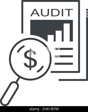 Audit-Symbol mit US-Dollar-Zeichen. Konzept für Audit, Buchhaltung, Finanzanalyse. Flache Illustration. Isoliert auf weißem Hintergrund. Stock Vektor
